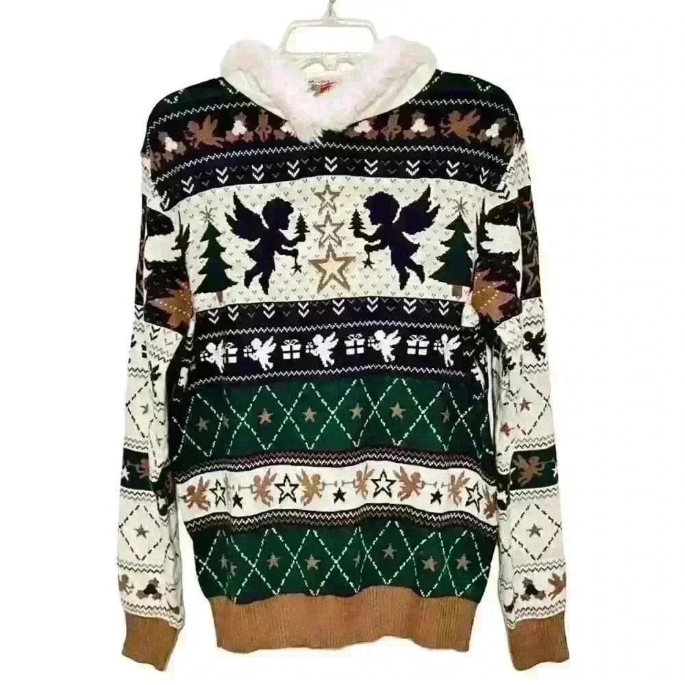 Ugly Christmas Sweater Womens Funny Hoodie Angels Cherub Pullover Size Large